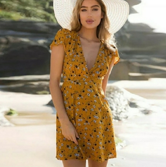 Yellow Floral Cottage Core Wrap Dress - Picture 2 of 7
